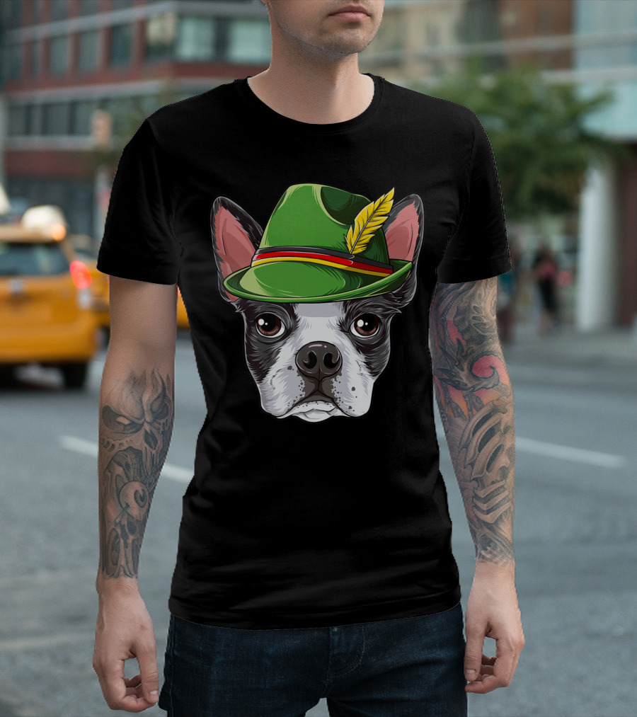 Boston Terrier Oktoberfest Lederhosen Hat With Feather T-Shirt