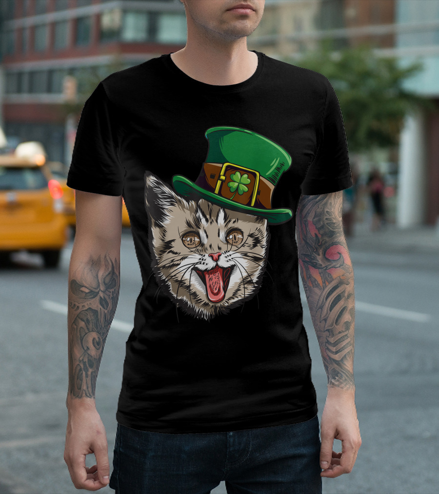 Cat Leprechaun Happy St Cattys Day Catricks Irish Kitten Charm T-Shirt