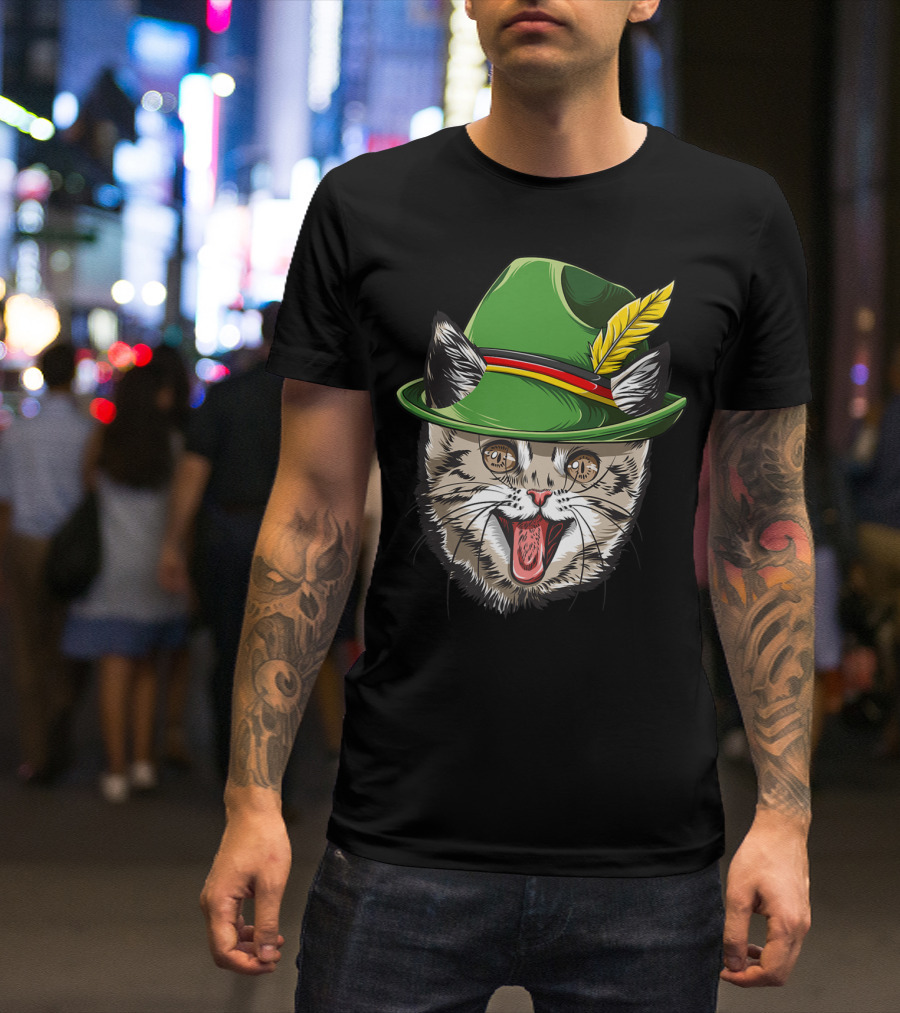 Cat Oktoberfest Green Hat Feather Bavaria T-Shirt