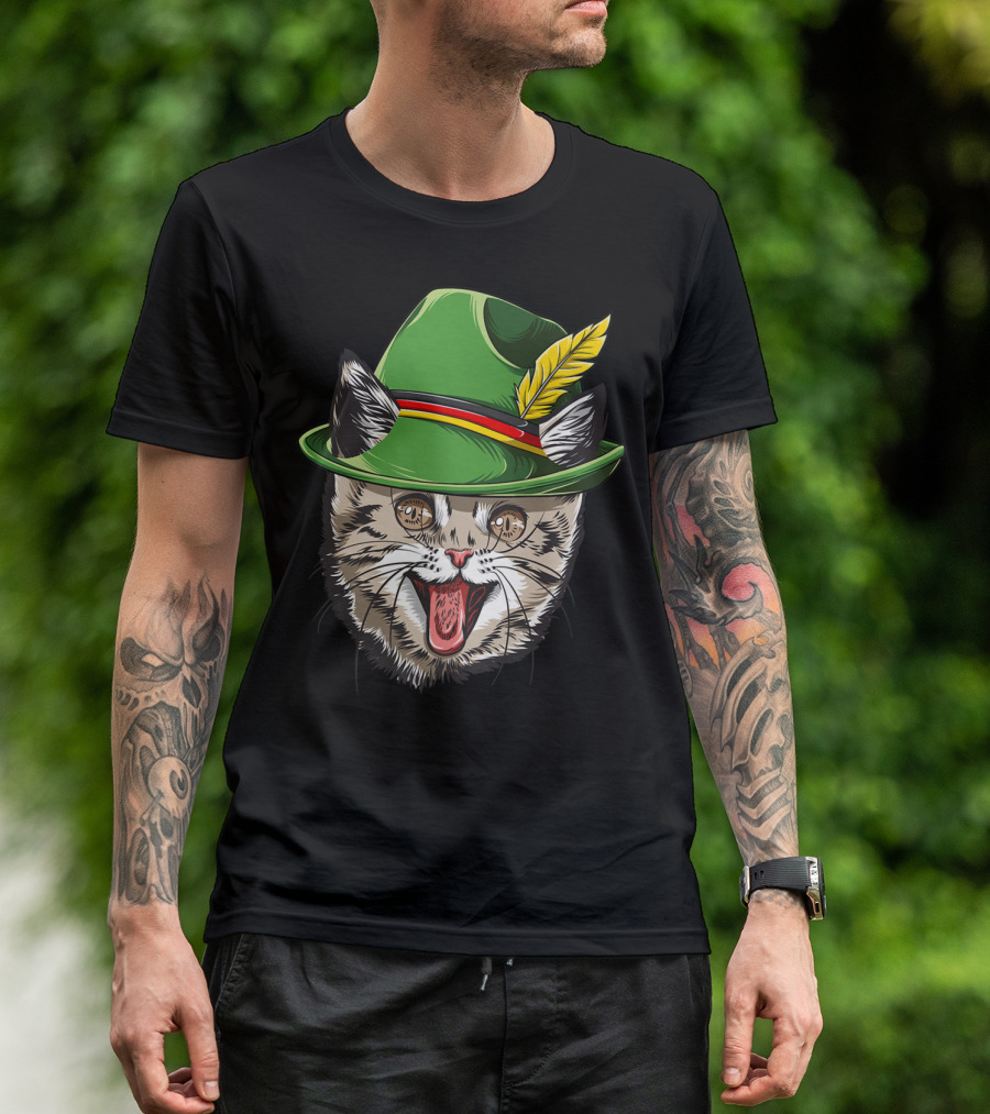 Cat Oktoberfest Green Hat Feather Bavaria T-Shirt