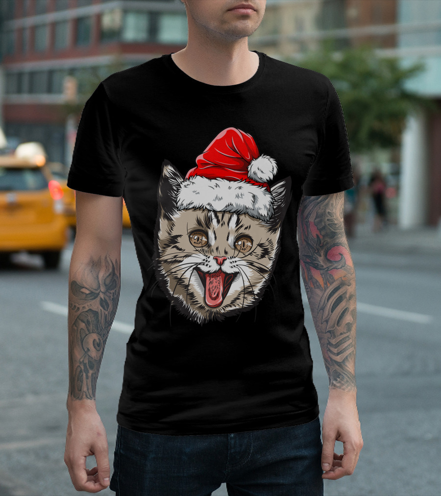 Cat with Santa Hat Christmas Kids T-Shirt