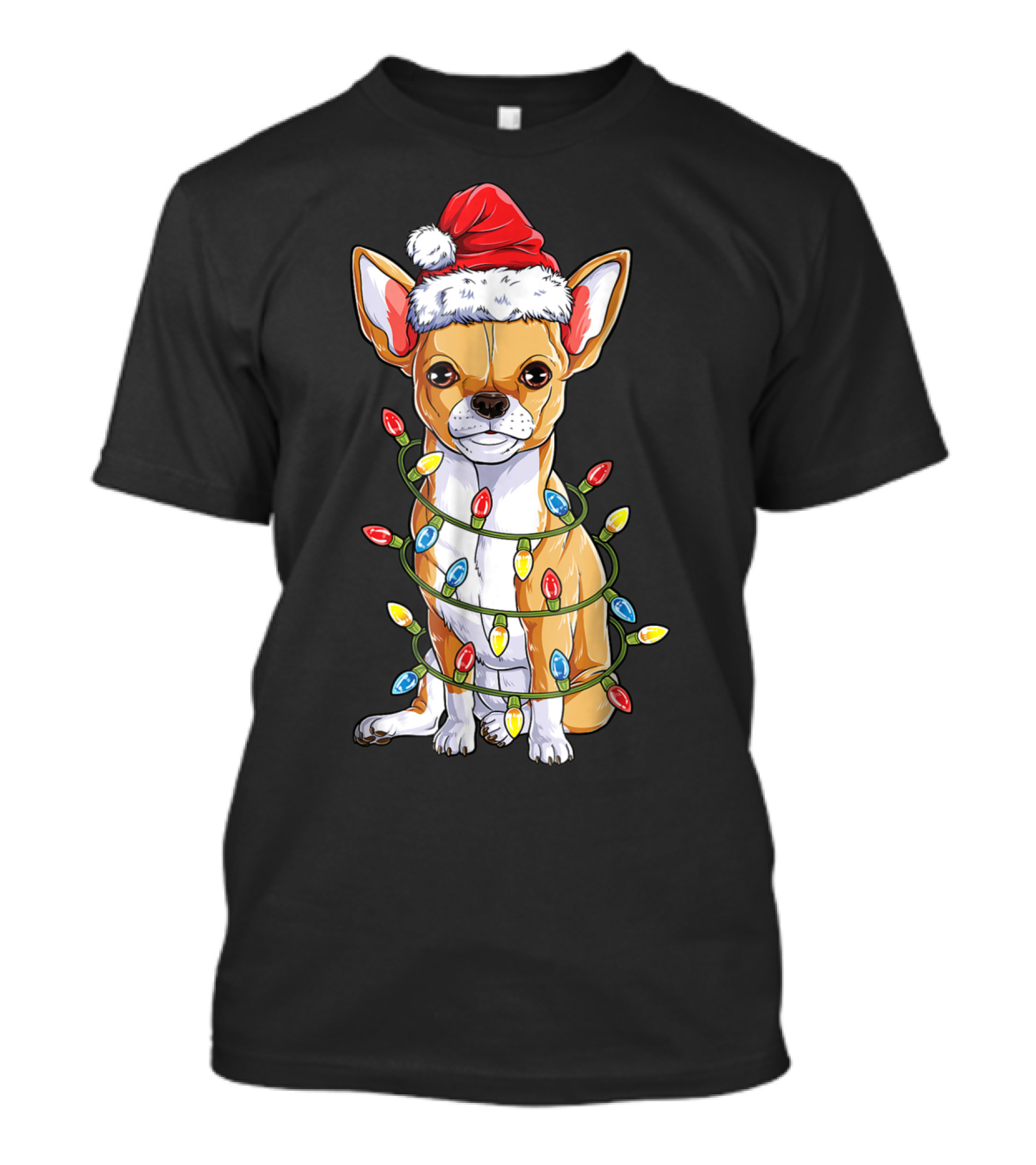 Chihuahua With Santa Hat And Christmas Tree Lights T-Shirt