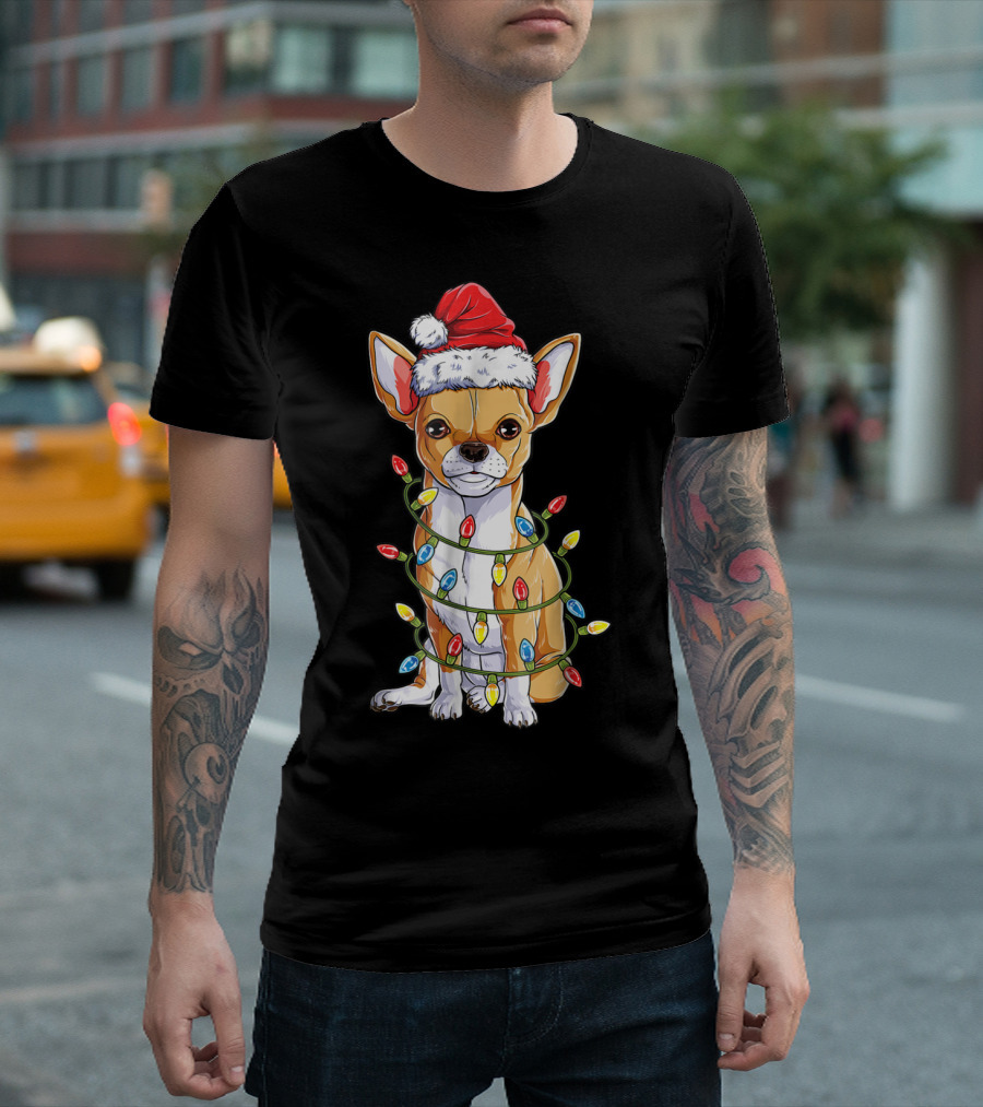 Chihuahua With Santa Hat And Christmas Tree Lights T-Shirt
