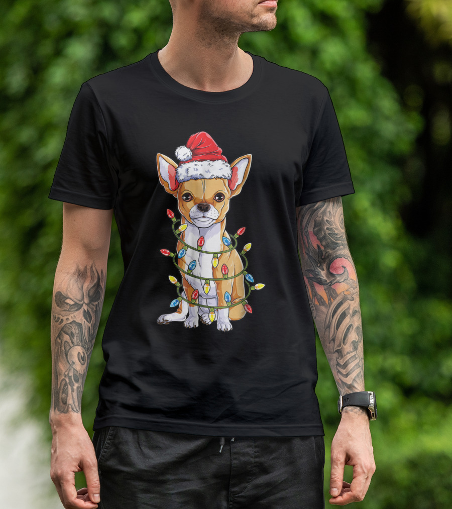 Chihuahua With Santa Hat And Christmas Tree Lights T-Shirt