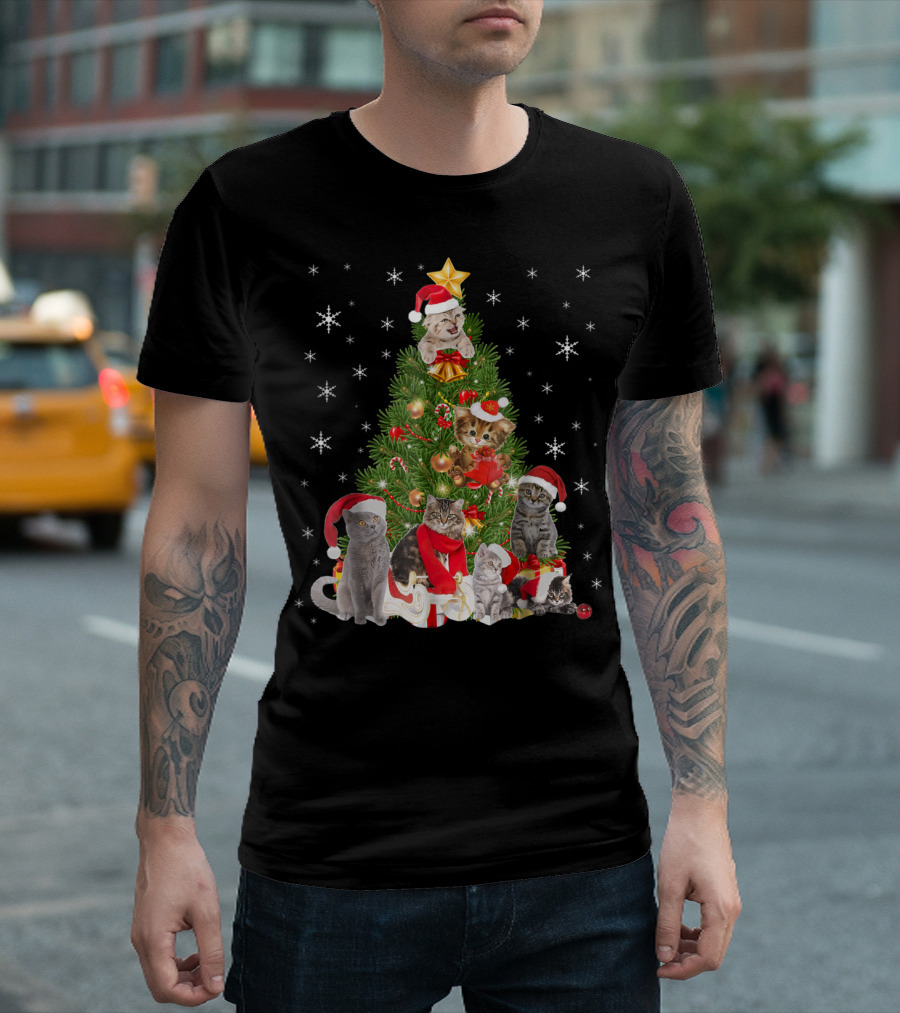 Christmas Cats in Santa Hats Holiday Tree T-Shirt