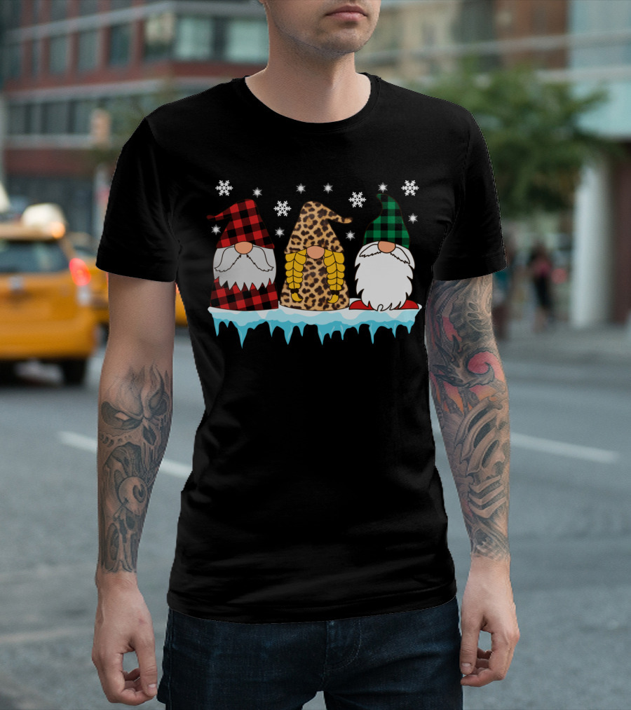 Gnome Christmas Leopard Plaid Snowflake Trio Matching Group T-Shirt