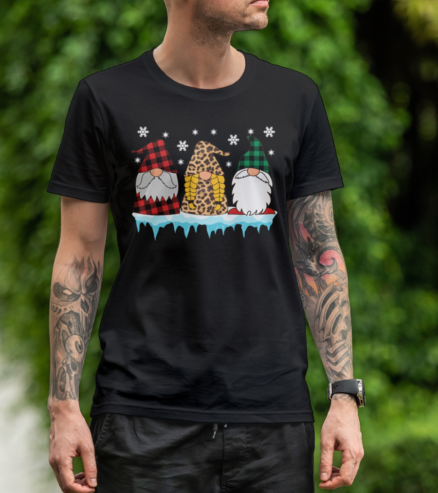 Gnome Christmas Leopard Plaid Snowflake Trio Matching Group T-Shirt