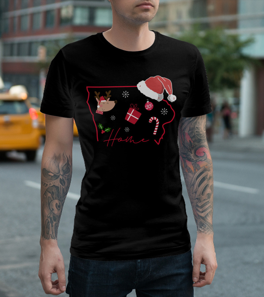 Iowa Christmas Home Joy Reindeer Gift Candy Cane Snowflakes Santa Hat T-Shirt