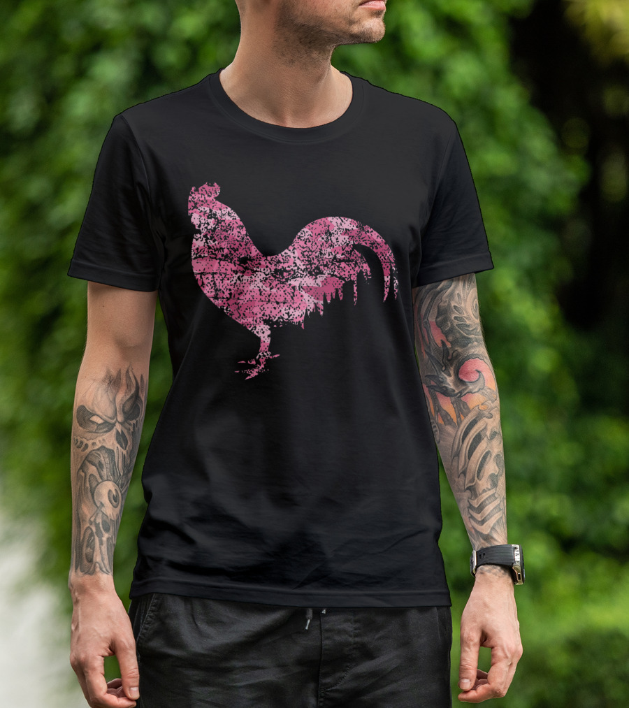 Pink Camouflage Rooster Rustic Distressed Texture T-Shirt