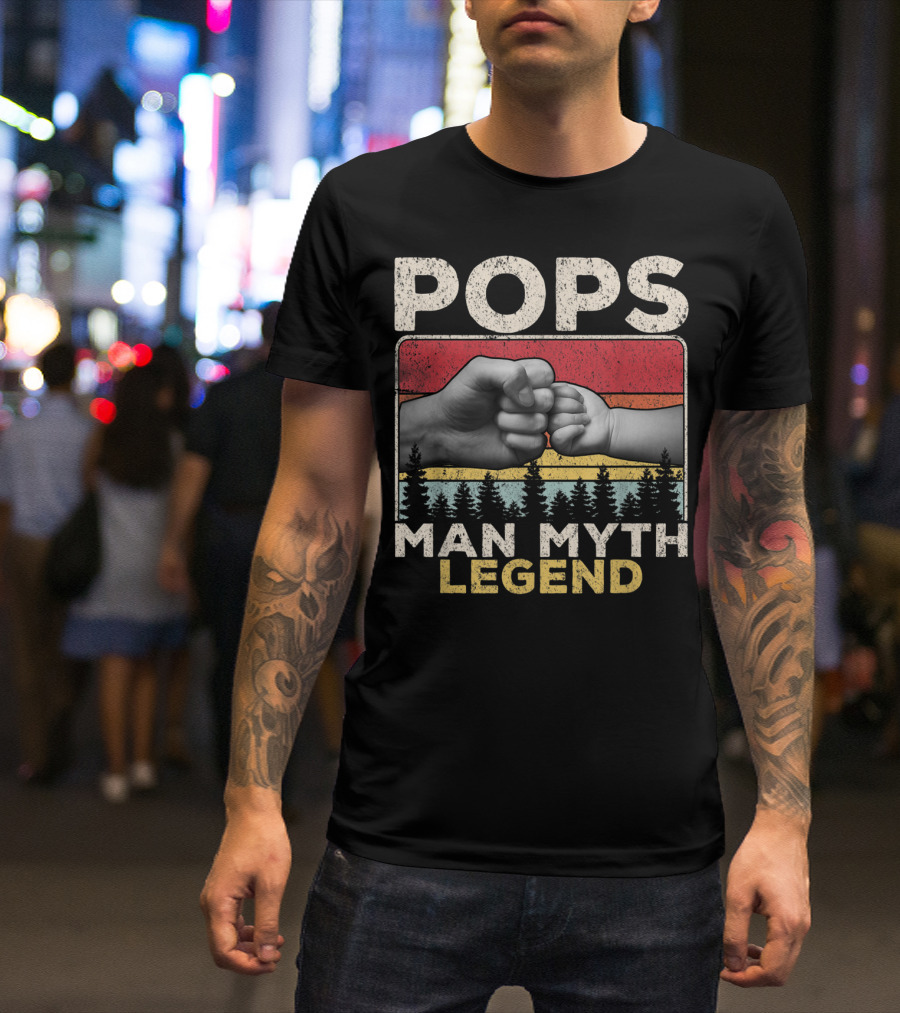 Pops Man Myth Legend Vintage Mens Dad Fist Bump Retro Forest Sunset T-Shirt