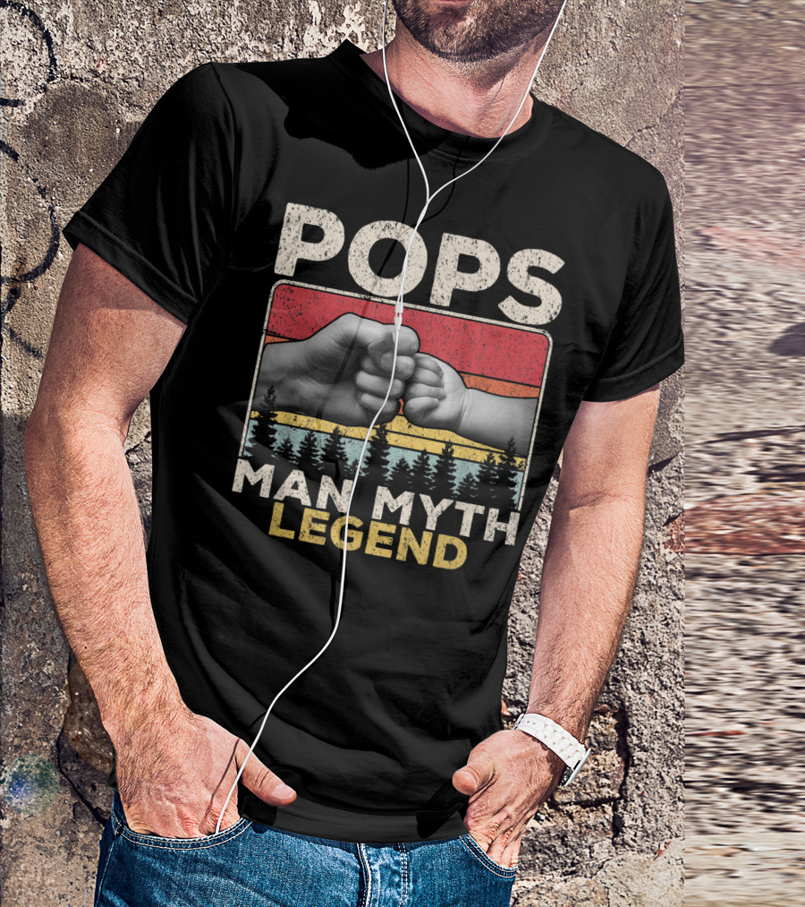 Pops Man Myth Legend Vintage Mens Dad Fist Bump Retro Forest Sunset T-Shirt