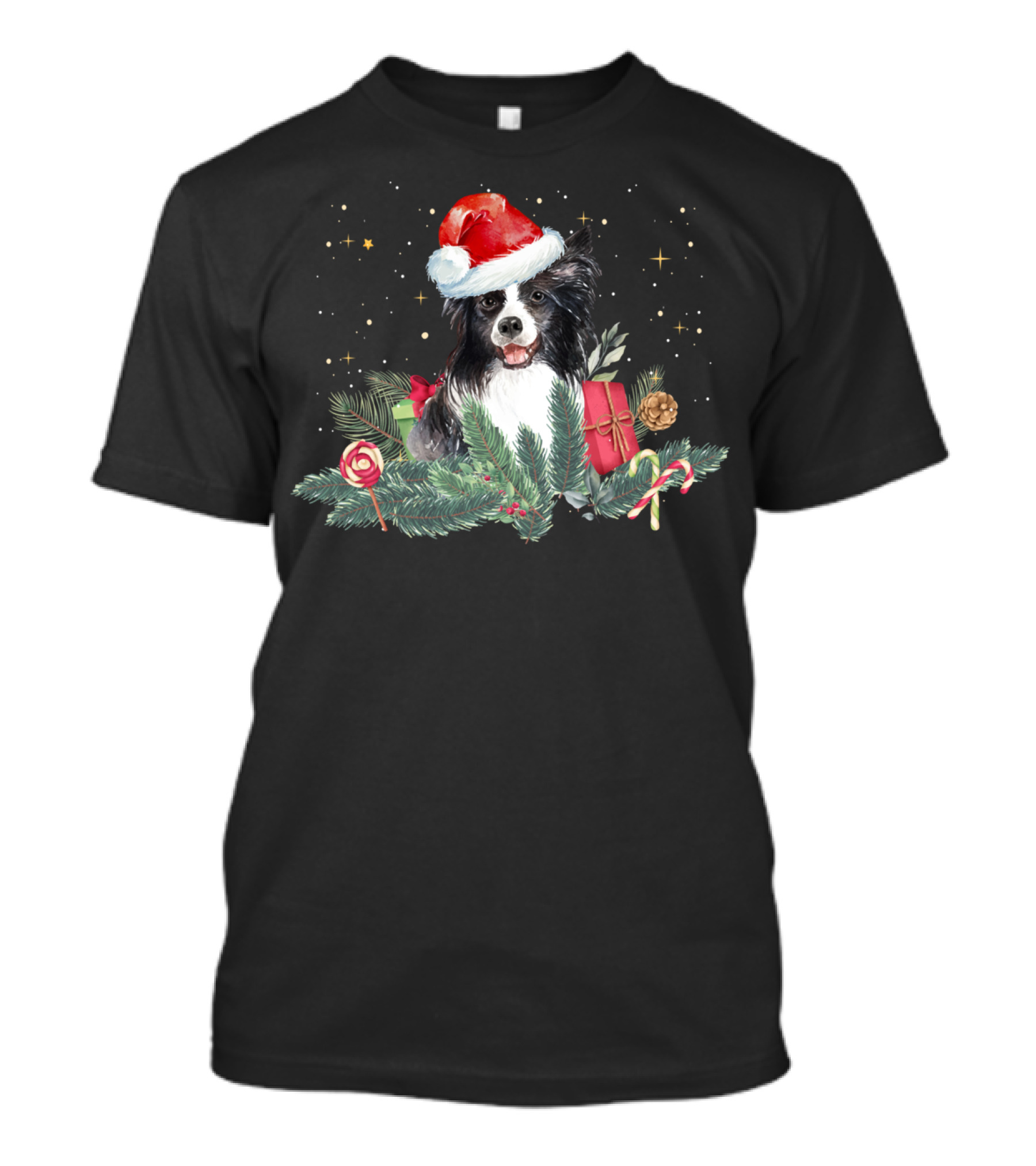 Santa Hat Border Collie Christmas Holiday Matching T-Shirt