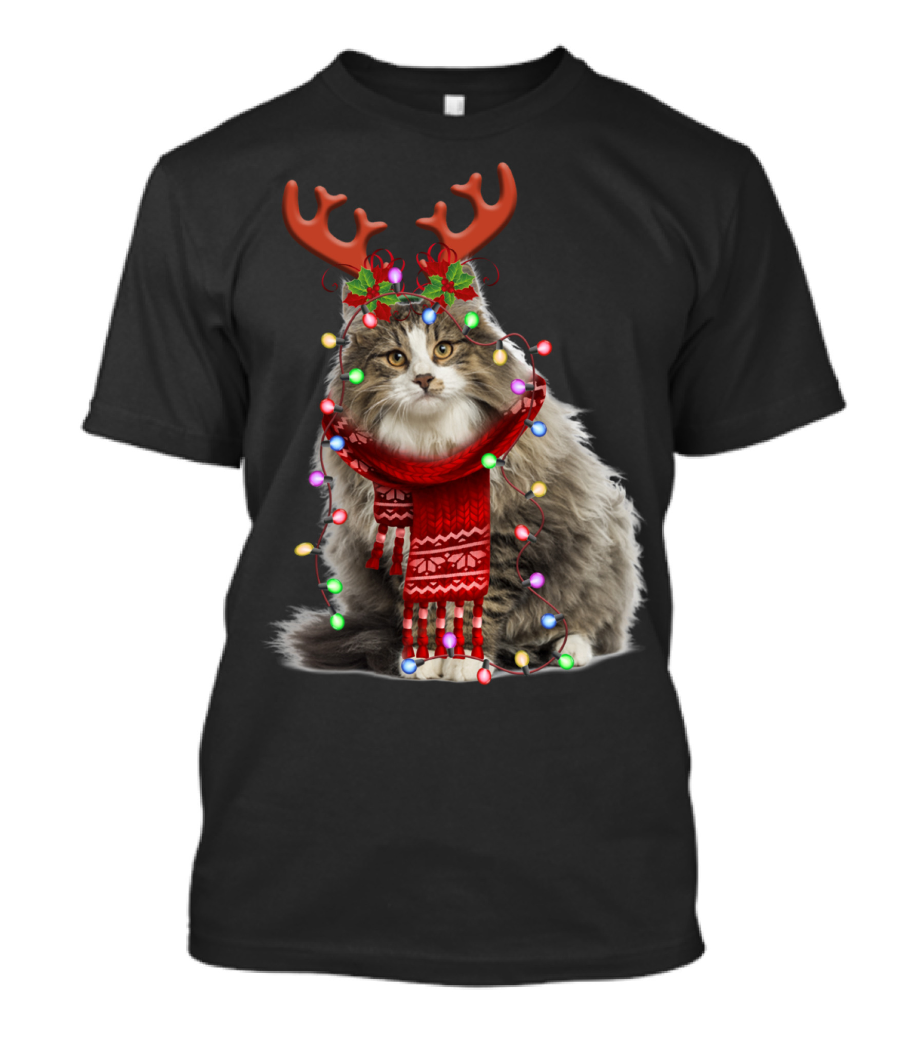 Santa Norwegian Forest Cat Reindeer Antlers Christmas Lights T-Shirt