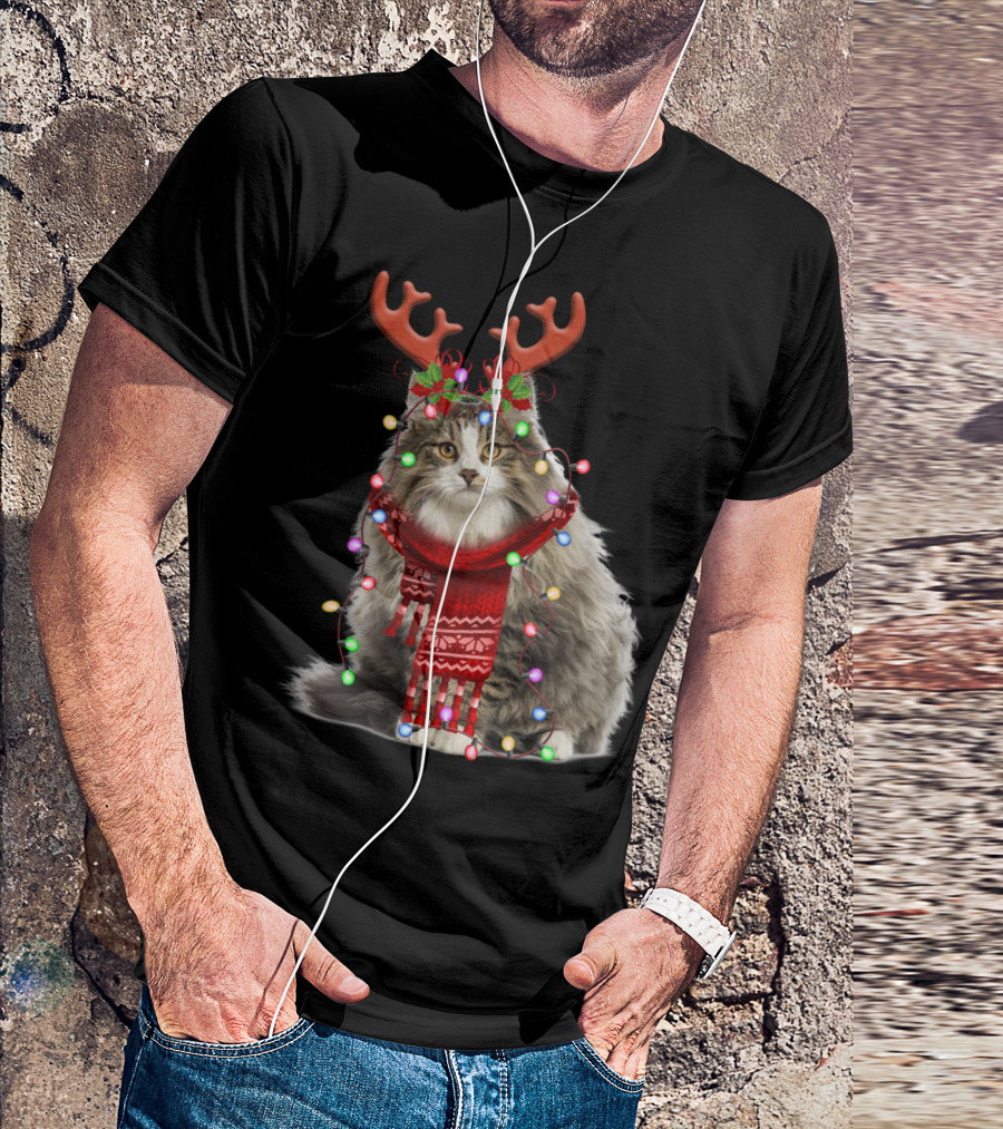 Santa Norwegian Forest Cat Reindeer Antlers Christmas Lights T-Shirt