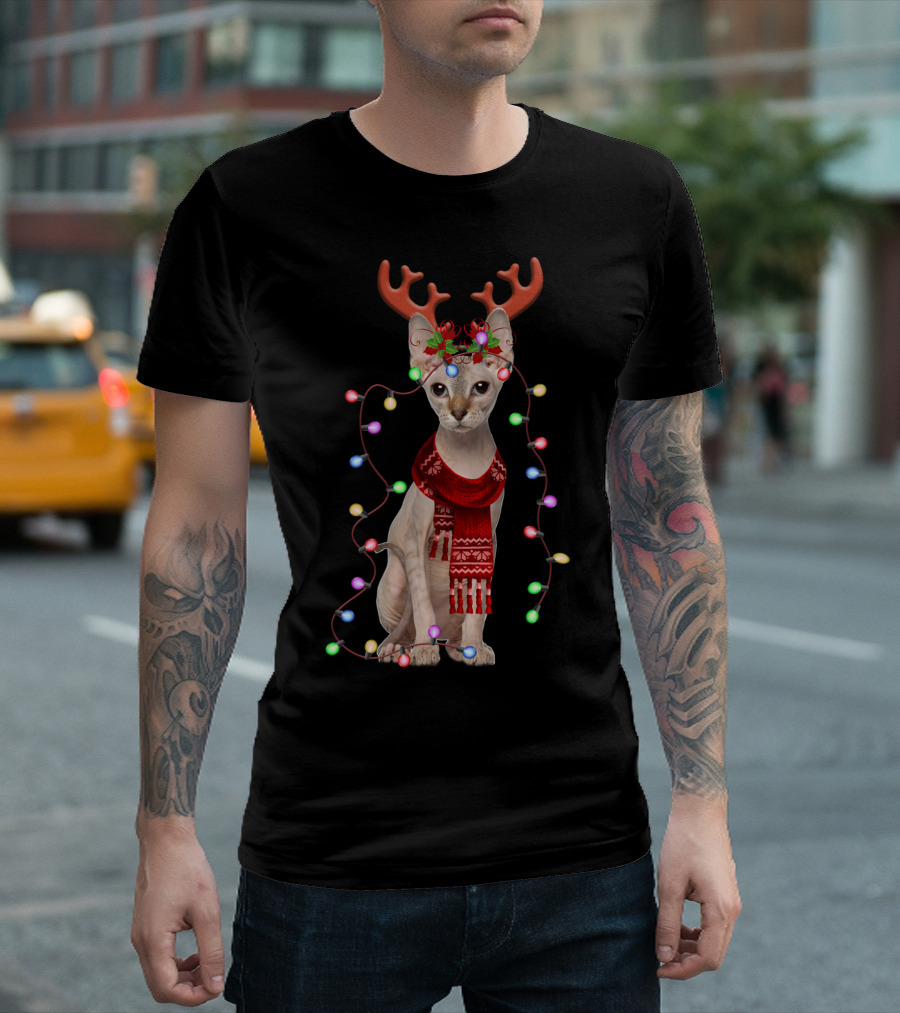 Santa Sphynx Cat Gorgeous Reindeer Antlers Festive Light Strands T-Shirt