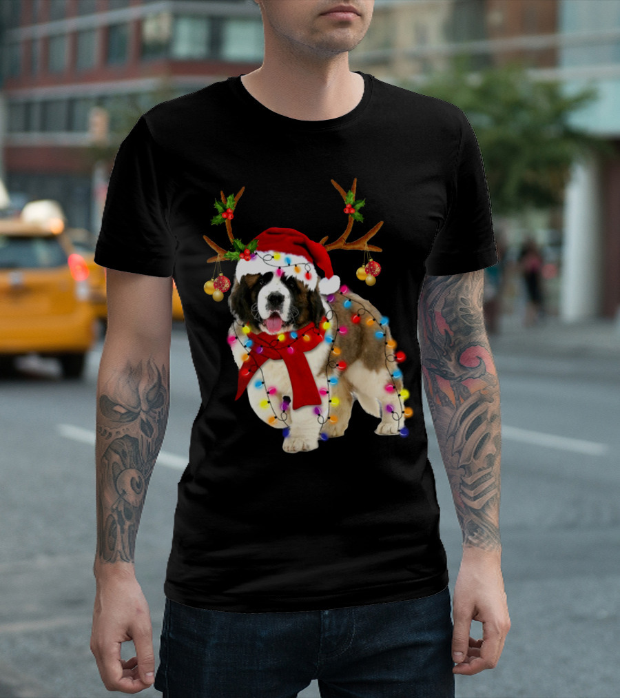 Santa St Bernard Reindeer Antler Christmas Lights Holiday Garland T-Shirt