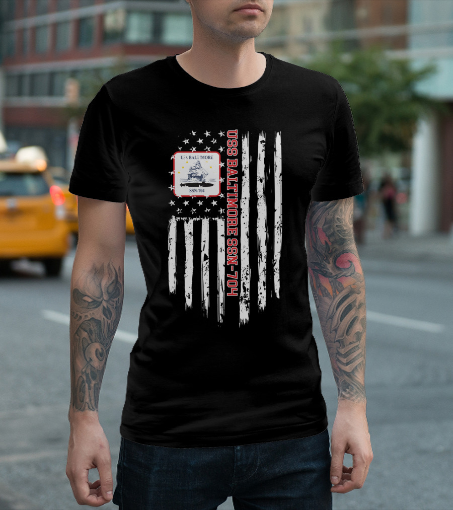 USS Baltimore SSN-704 Distressed American Flag Submarine T-Shirt