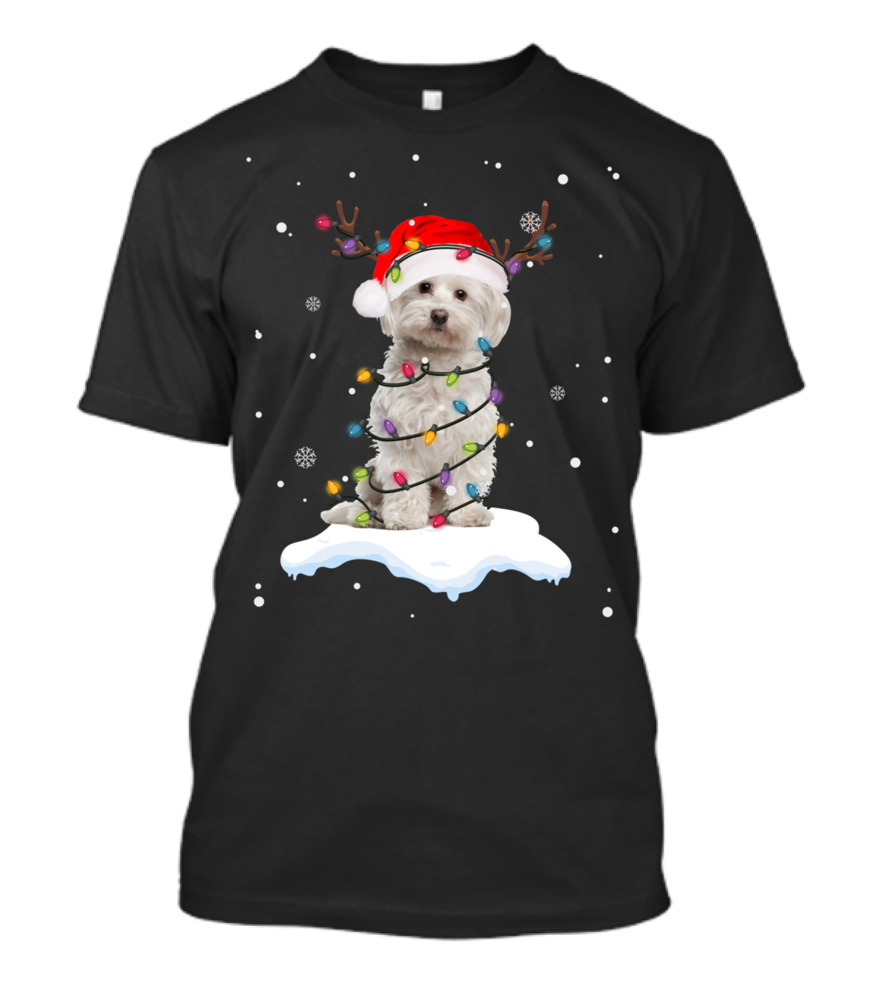 West Highland White Terrier Santa Hat Wrapped In Christmas Lights Snowflakes And Reindeer Antlers T-Shirt