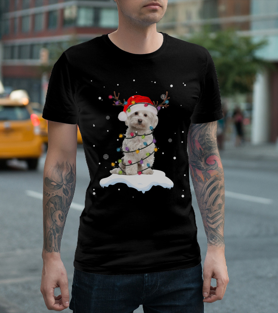 West Highland White Terrier Santa Hat Wrapped In Christmas Lights Snowflakes And Reindeer Antlers T-Shirt