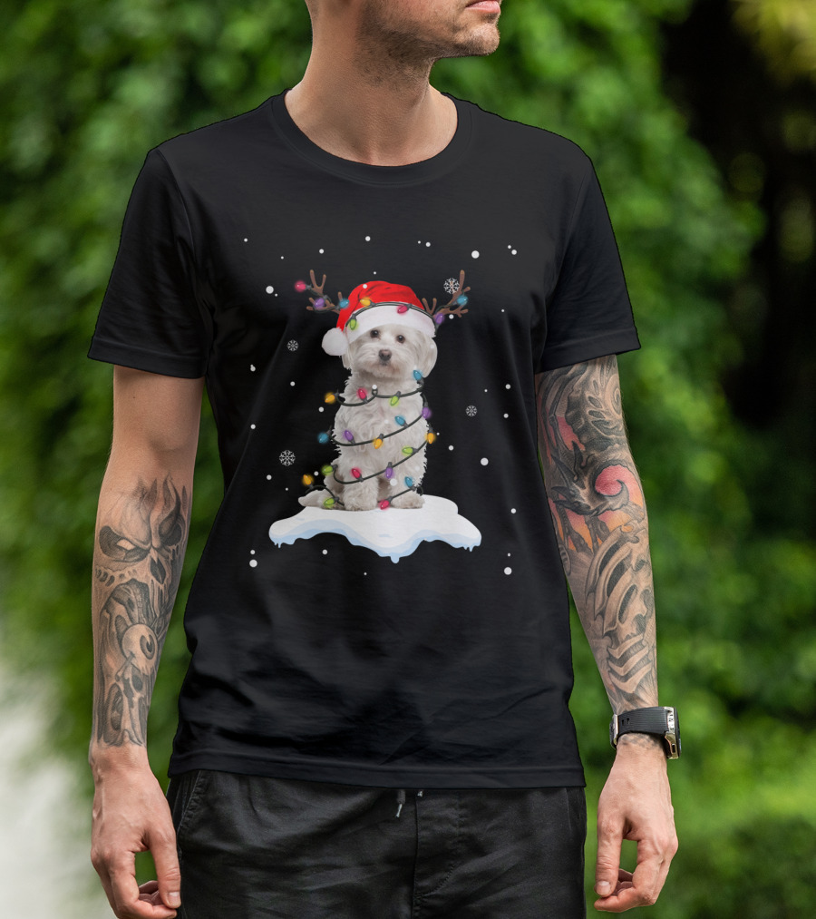 West Highland White Terrier Santa Hat Wrapped In Christmas Lights Snowflakes And Reindeer Antlers T-Shirt
