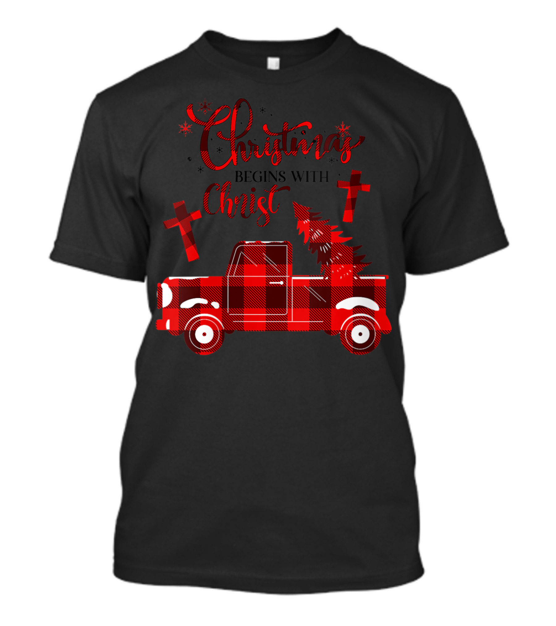 Christmas Begins With Christ Red Buffalo Plaid Truck And Crosses T-Shirt