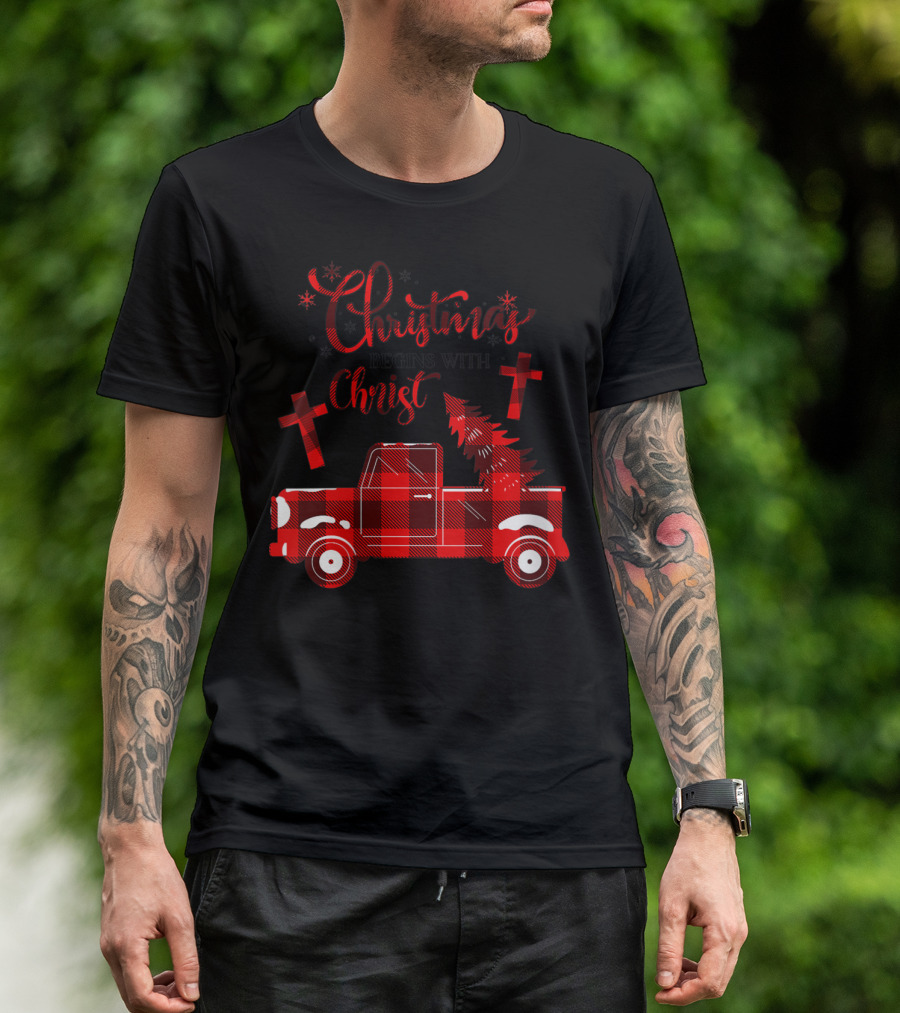 Christmas Begins With Christ Red Buffalo Plaid Truck And Crosses T-Shirt