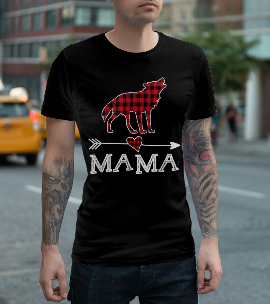 Plaid Wolf Mama Heart and Arrow Buffalo Dog Mom T-Shirt