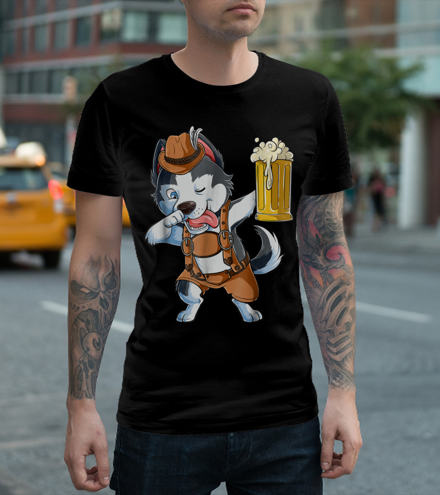 Dabbing Siberian Husky Oktoberfest Lederhosen Beer Mug T-Shirt
