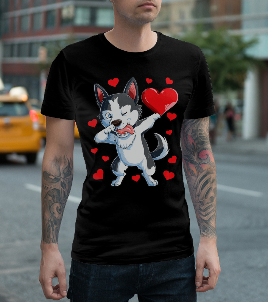 Dabbing Siberian Husky Holding Heart Surrounded by Red Valentine Hearts T-Shirt