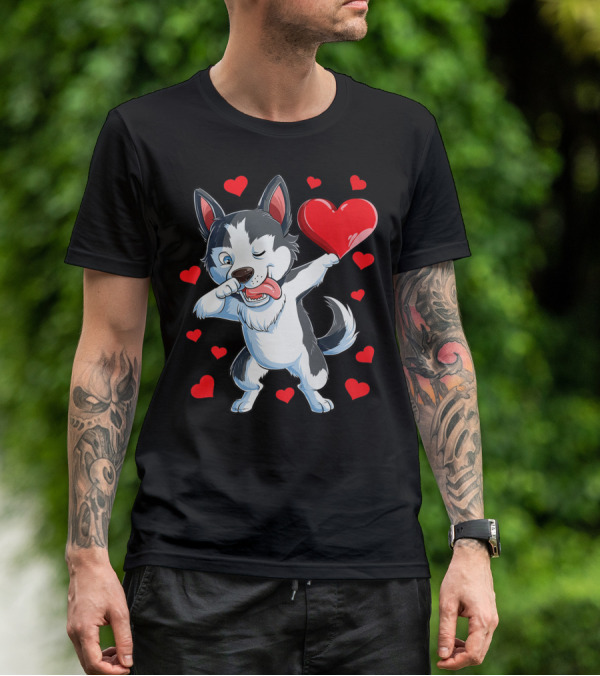 Dabbing Siberian Husky Holding Heart Surrounded By Red Valentine Hearts T-Shirt