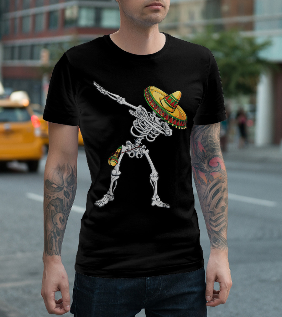 Cinco De Mayo Dabbing Skeleton with Sombrero and Maracas T-Shirt