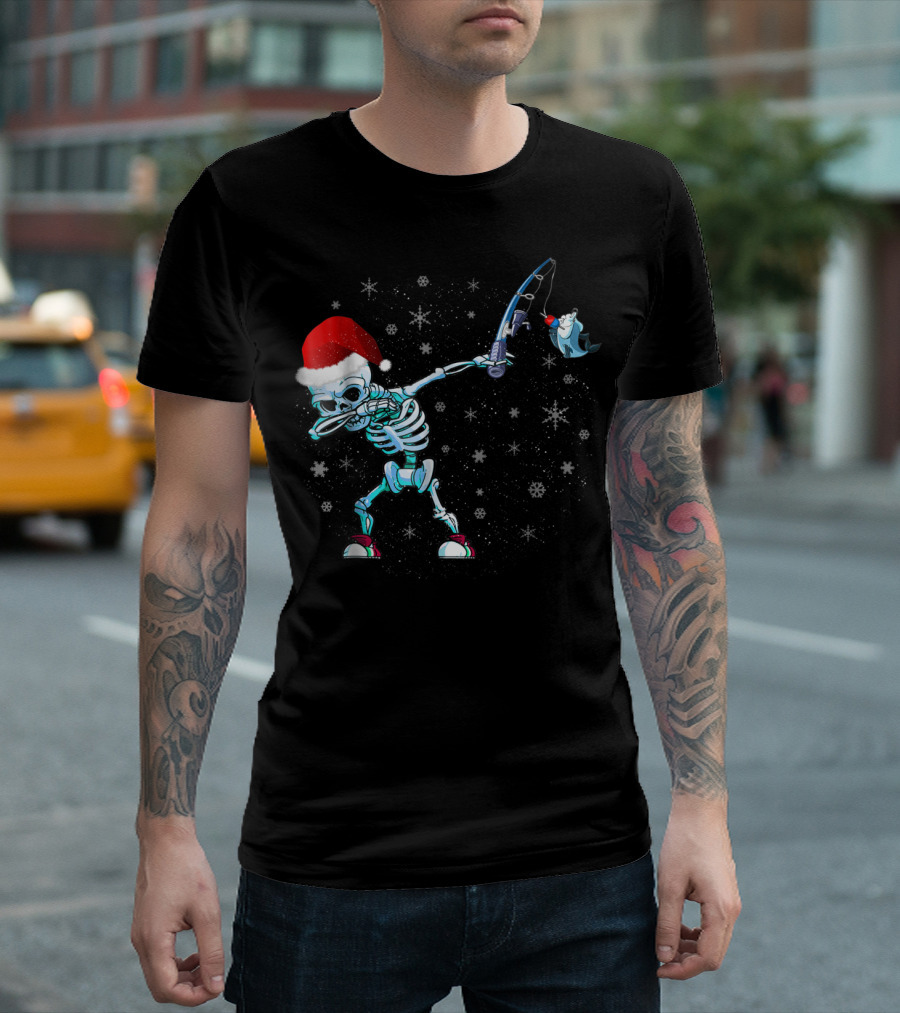 Santa Skeleton Dabbing with Fishing Rod and Shark T-Shirt