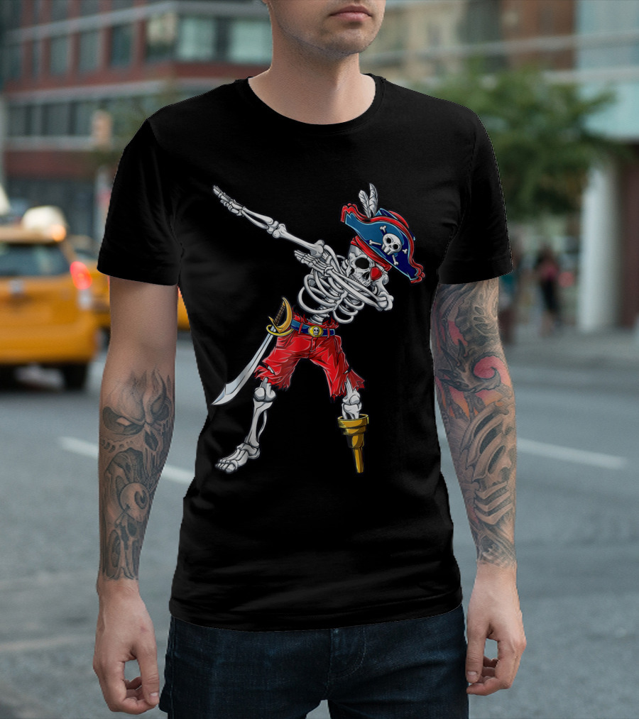 Skeleton Pirate Dabbing in Red Pants and Tricorn Hat with Sword T-Shirt