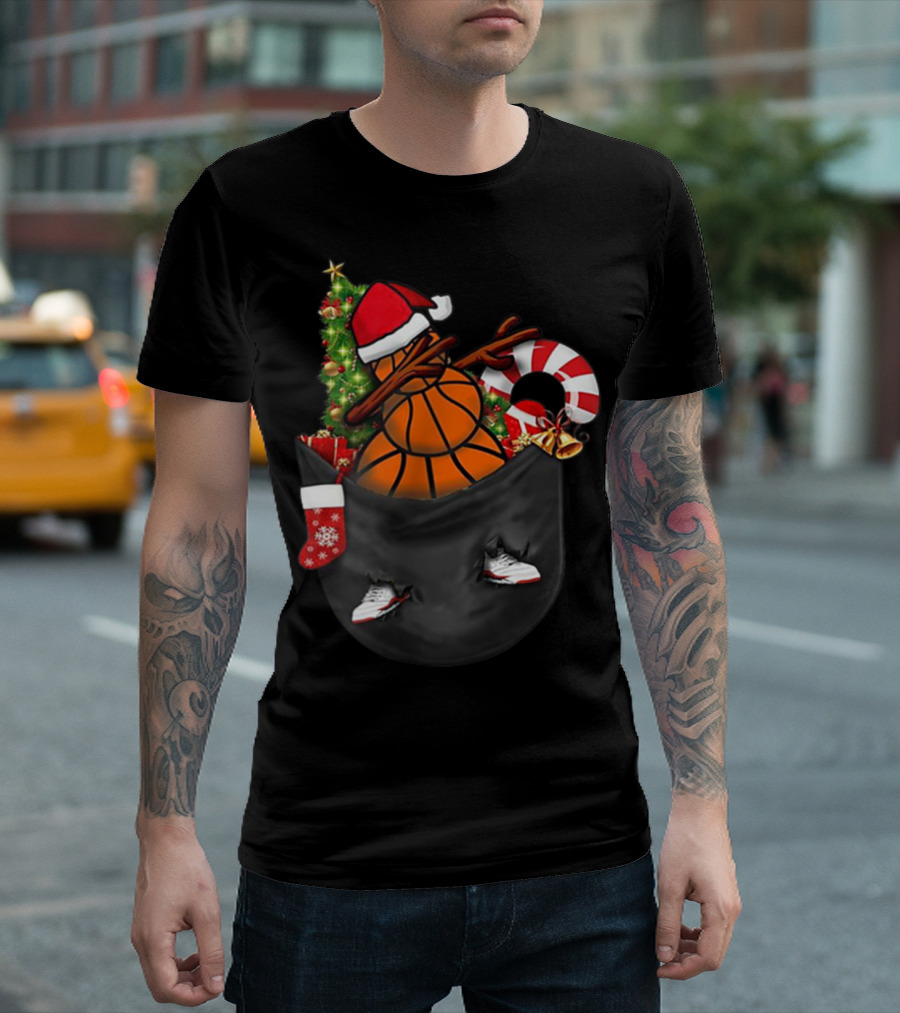 Christmas Dabbing Basketball Snowman in Pocket with Candy Cane and Santa Hat T-Shirt