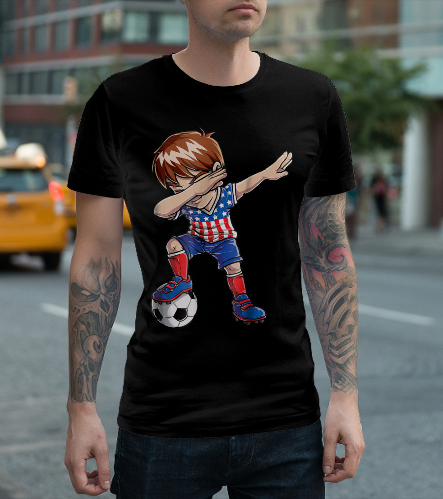 4th of July American Flag Dabbing Soccer Kid T-Shirt