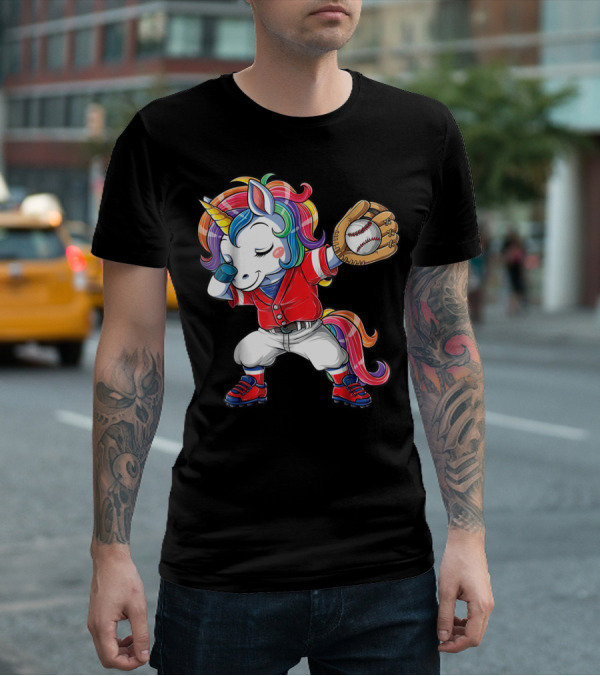 Dabbing Unicorn In Rainbow Baseball Outfit Holding Ball T-Shirt