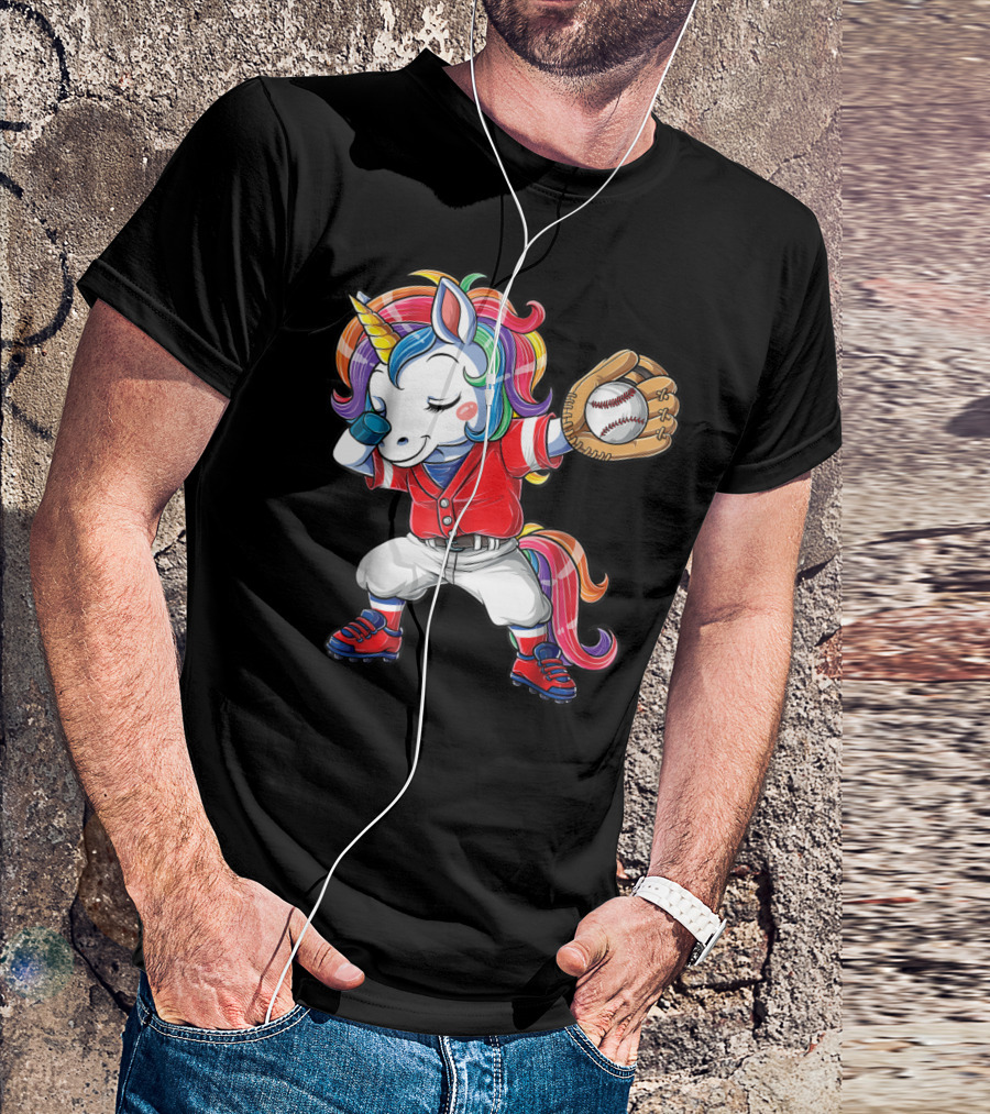 Dabbing Unicorn In Rainbow Baseball Outfit Holding Ball T-Shirt