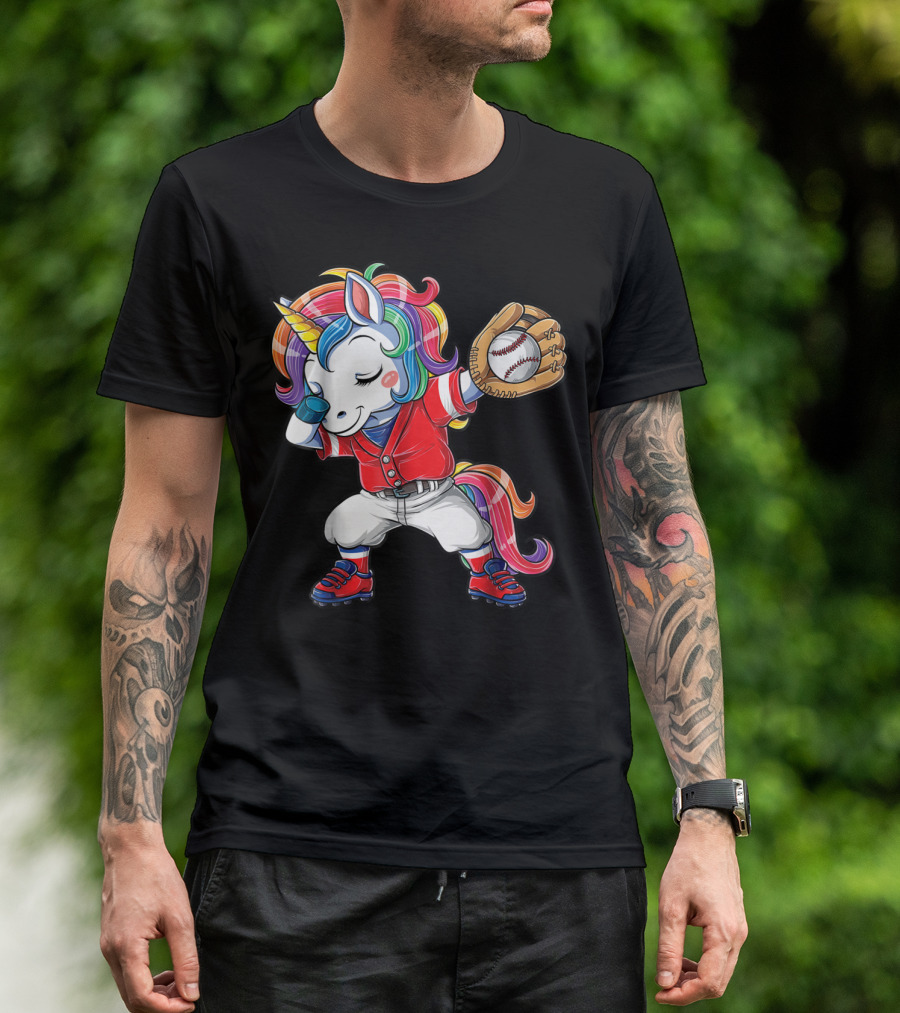 Dabbing Unicorn In Rainbow Baseball Outfit Holding Ball T-Shirt