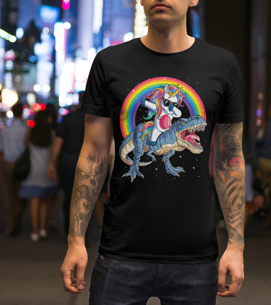 Dabbing Unicorn Riding T-Rex Under Rainbow In Space T-Shirt