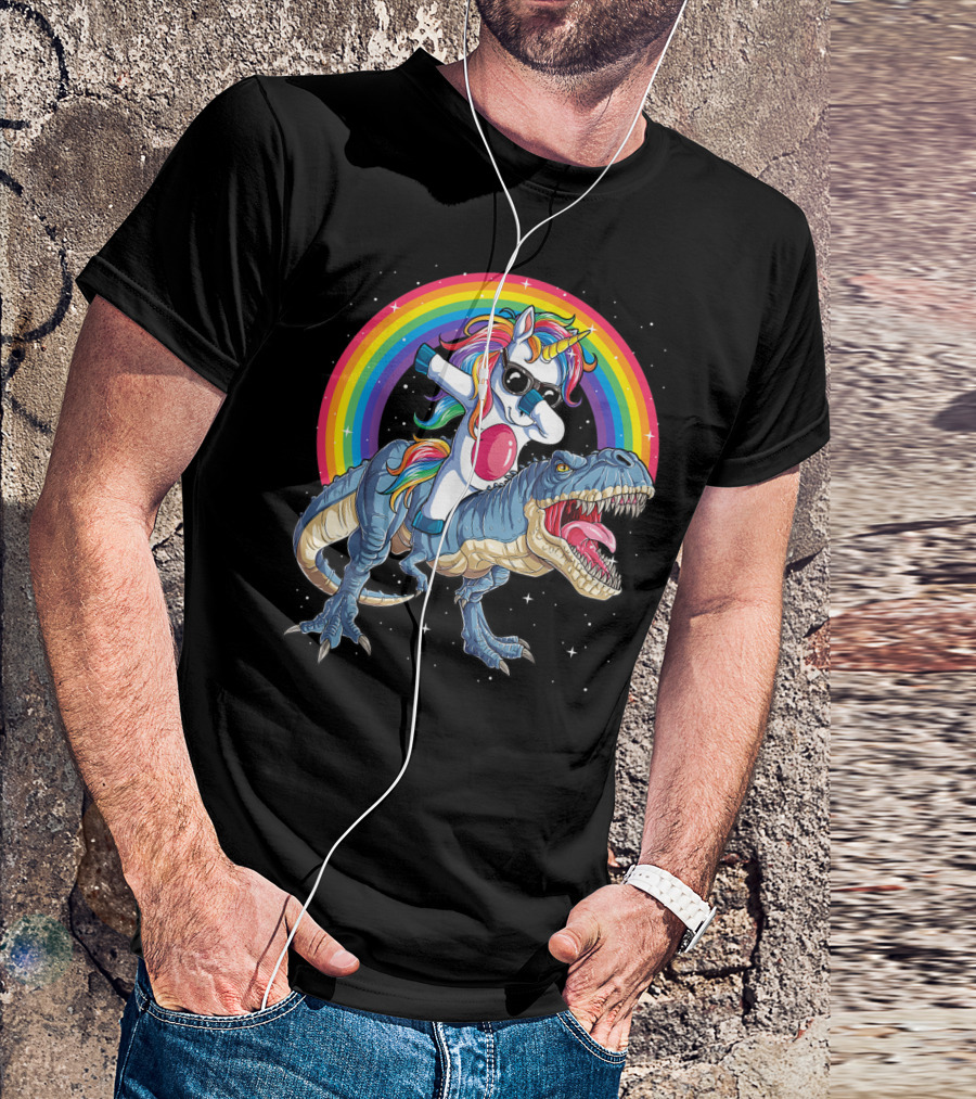 Dabbing Unicorn Riding T-Rex Under Rainbow In Space T-Shirt