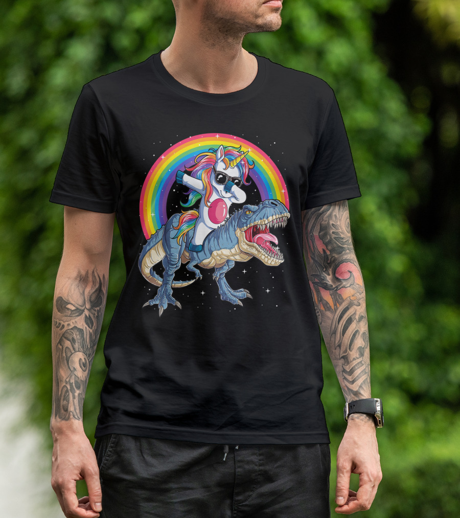 Dabbing Unicorn Riding T-Rex Under Rainbow In Space T-Shirt
