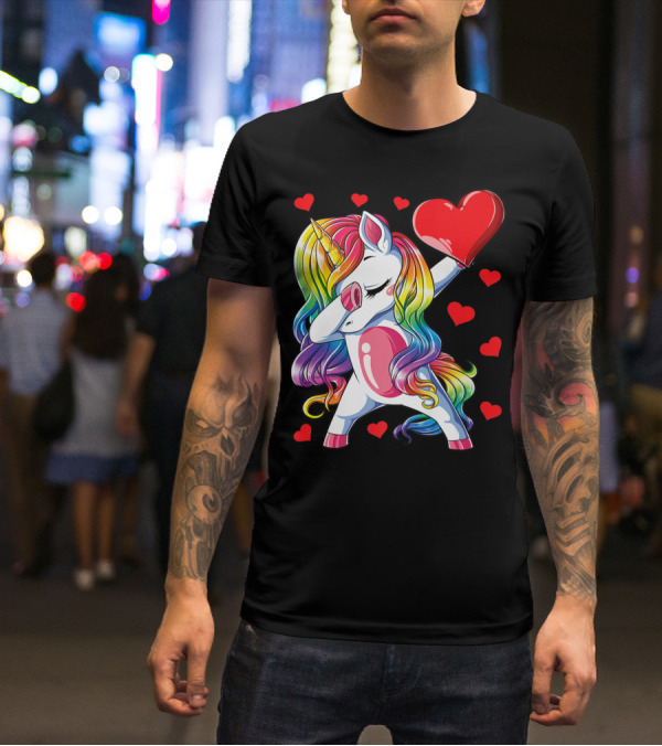 Valentine's Day Rainbow Dabbing Unicorn With Heart And Hearts T-Shirt