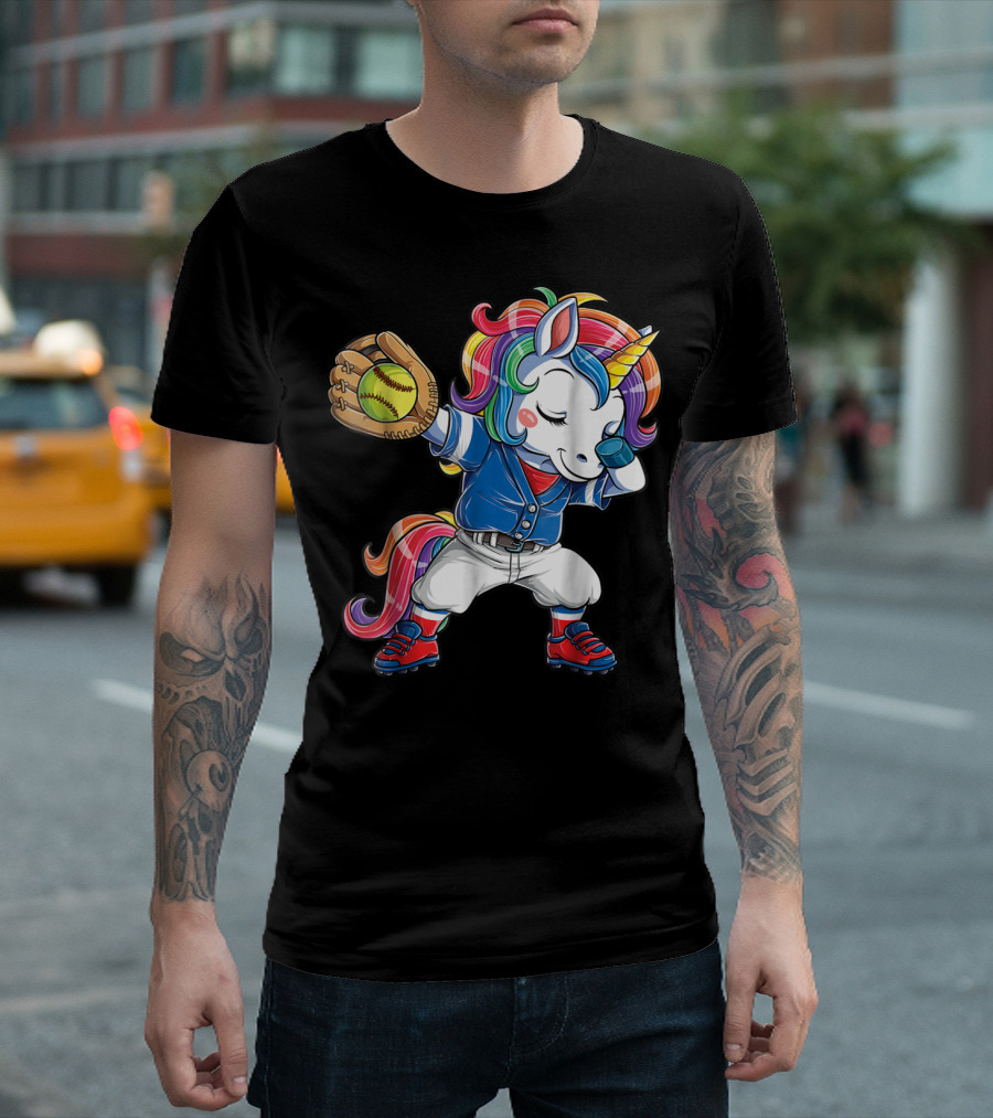 Dabbing Rainbow Unicorn in Softball Uniform Girls Dab T-Shirt