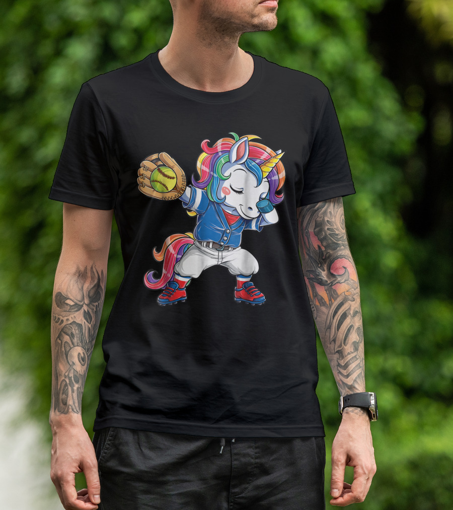 Dabbing Rainbow Unicorn In Softball Uniform Girls Dab T-Shirt