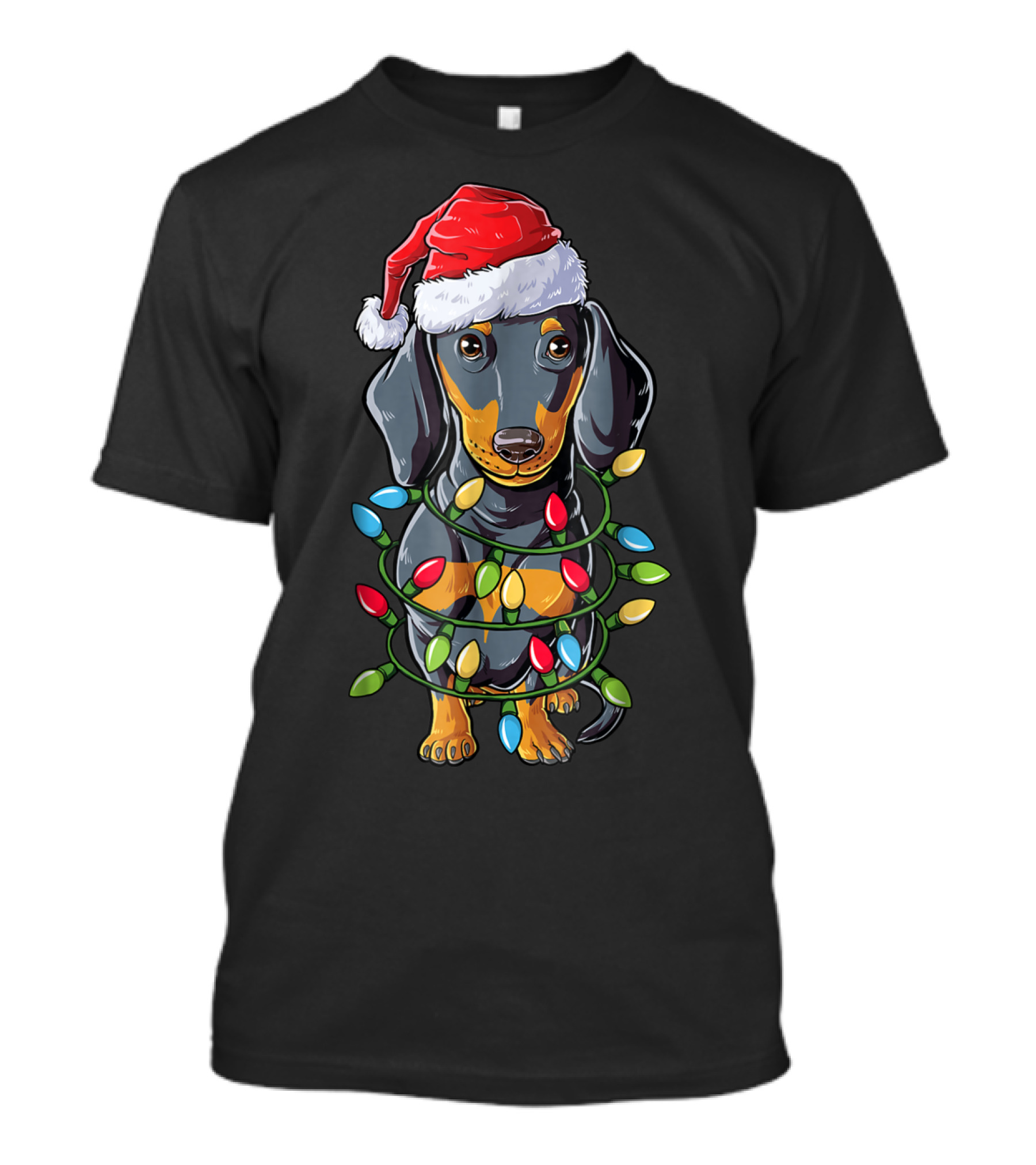 Dachshund Dog In Santa Hat With Christmas Tree Lights T-Shirt