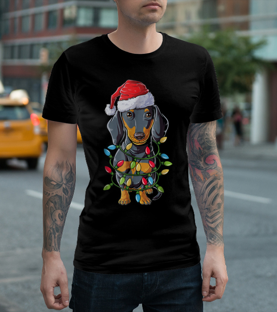 Dachshund Dog In Santa Hat With Christmas Tree Lights T-Shirt