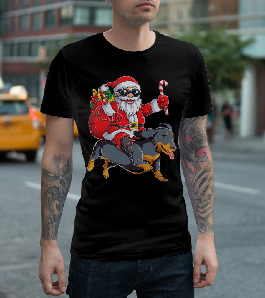 Santa Claus Riding Dachshund with Candy Cane and Presents T-Shirt