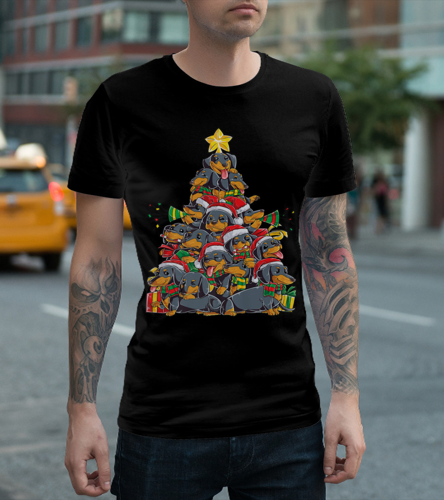 Dachshund Christmas Tree with Santa Hats and Gifts T-Shirt