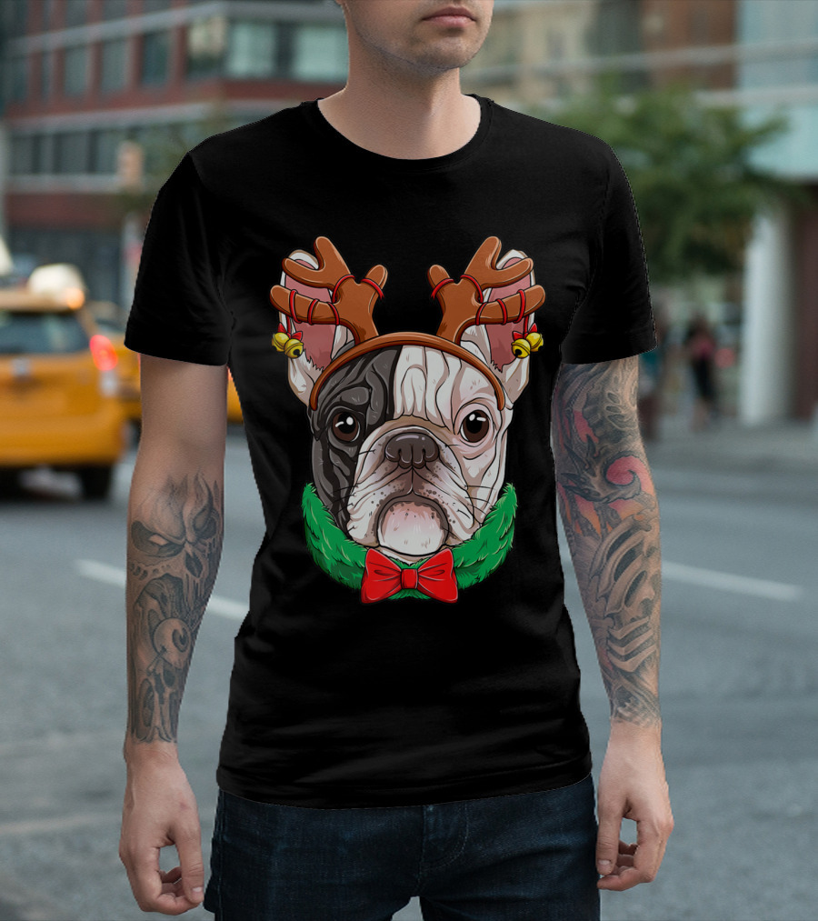 French Bulldog With Christmas Reindeer Antlers And Bow Tie T-Shirt