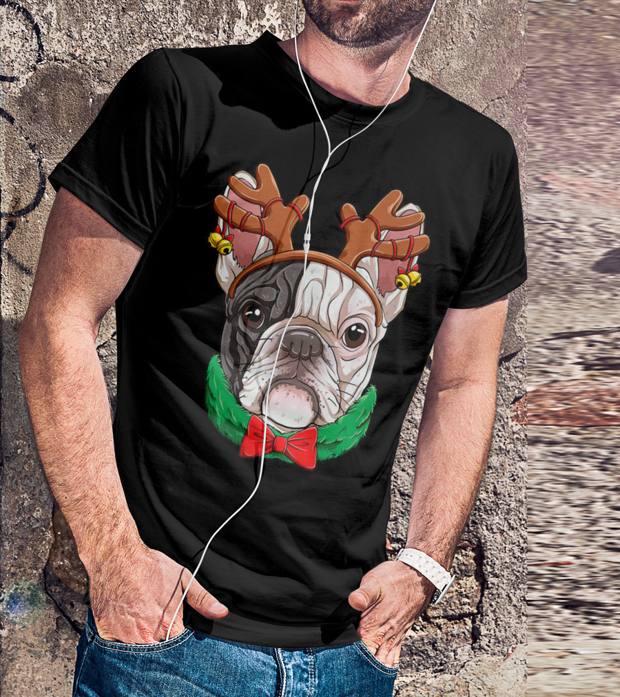 French Bulldog With Christmas Reindeer Antlers And Bow Tie T-Shirt